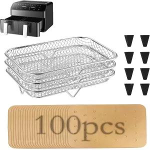 닌자 듀얼 에어프라이어용 랙 세트 3개 스택형 건조기 100장의 유산지 8개의 실리콘 받침 직사각형
