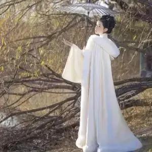 여성용 후드가 달린 흰색 망토 겨울용 식