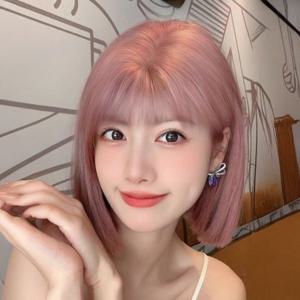 여성 핑크머리 단발 생머리 짧은머리 통가발 염