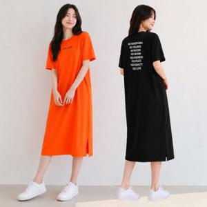 여성 영문 레터링 반팔 면 롱 원피스 루즈핏 박시