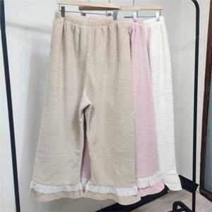 여성 밍크 수면 바지 여성 레이스 수면 바지 부드러운 따뜻한 극세사 겨울 잠옷