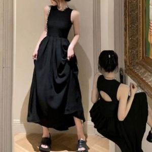 여성 백리스 실용형 우아한 나시 플레어 롱스커트 블랙 1P A라인 슬림핏