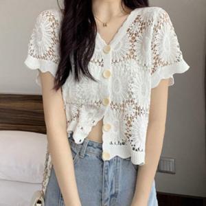 여성 해바라기 자수 펀칭 반소매 가디건 1P 그물 여름 외투 루즈핏 캐주얼