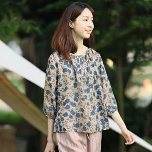 여성 여름 린넨 감색 꽃무늬 넥셔링 7부 티셔츠 반팔 블라우스