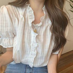블라우스반팔 퍼프블라우스 데일리룩 여성 폴리에스터 플라워패턴 상의