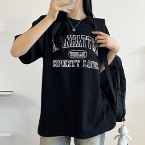 여성 오버핏 순 면 여름 레터링 반팔 티 셔츠 블랙