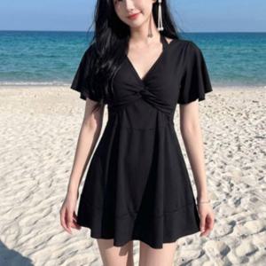 물놀이 체형커버 오프숄더 반팔 꼬임 골지 원피스 수영복