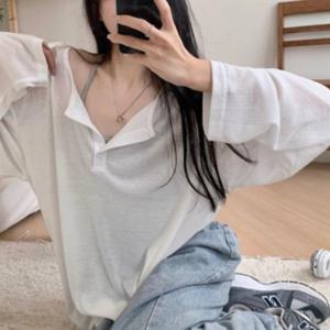 소프트 헨리넥 버튼 긴팔 티숙 JSCd0184 롱맨투맨티 티숙 티 봄맨투맨 박시 오프숄더 나시 여자맨투맨 여성