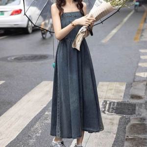 밴딩 나시 진청 민소매 여자 스모크 원피스 데님 롱