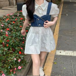 원피스 뷔스티에 일체형 데님 미니 화이트 셔츠 여자