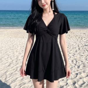 물놀이 체형커버 오프숄더 반팔 꼬임 골지 원피스 수영복