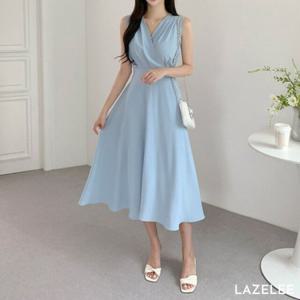 레이즐리 블루 랩 핀턱 슬리브리스 A라인 롱 원피스 여름 비치 휴양지 하객룩 여름원피스 휴양지원피스