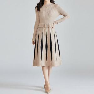 여성 아가일 패턴 니트 롱원피스 허리 스트링 A라인 하객룩 모임룩