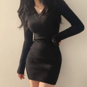 여성 니트 원피스 브이넥 슬림 원피스 데일리 슬리브 브이넥 골지 가을 겨울 라운지