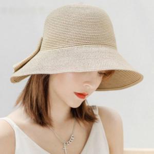 여성 여름 휴가용 밀짚 왕리본 썬캡 왕골 우아한 썬바이저 이컬러
