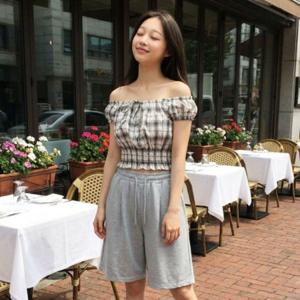 리본 베이직 데일리 오프숄더 블라우스 체크