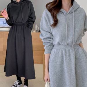 플레어 후드원피스 여자 롱원피스 면 스커트 허리라인