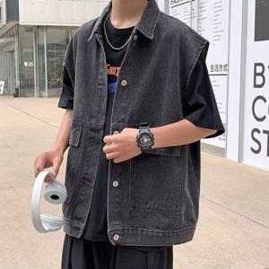 베스트 남자 청조끼 포켓 데님 연청 레이어드 흑청