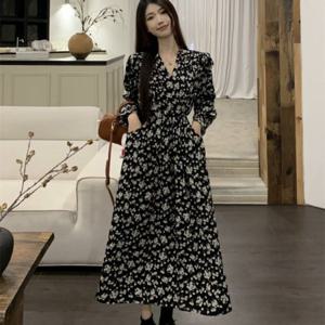 랩스타일 브이넥 플라워 A라인원피스 긴팔 쉬폰 LL-D170 LL-1001307