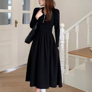 허리주름 롱원피스 여성 A라인 반집업 긴팔형