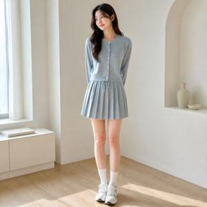 봄 간절기 여자 스카이블루 데일리 라운드넥 여성 셋업 플리츠 투피스 버튼 상하세트