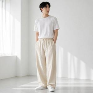 블랙 베이지 남자 데일리 핀턱 와이드 밴딩 사계절 면바지 스트링 치노팬츠 남성 슬랙스바지