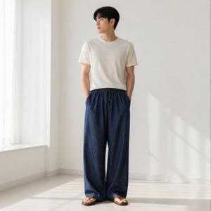 남성 화이트 남자 네이비 진 아이스 스트링 시원한 밴딩 와이드 청바지 쿨링 데님팬츠 여름 바지