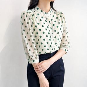 아이보리 여자 여성 여름 도트 시스루 쉬폰 퍼프 소매 블라우스 그린 셔츠