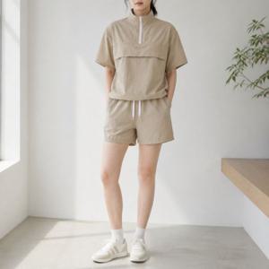여성 여름 블루 아노락 스탠드카라 반집업 여자 셋업 베이지 투피스 반팔 상하세트 블랙 그레이 핑크 20대