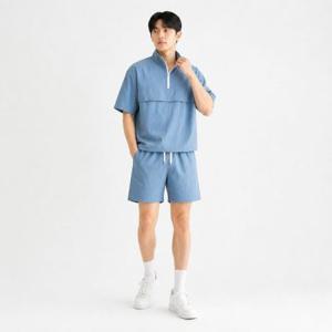 남자 여름 베이지 남성 반팔 반집업 아노락 셋업 블루 투피스 스탠드카라 상하세트