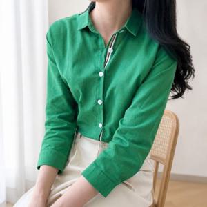 그린 여자 여성 여름 화이트 카라 린넨 얇은 8부 블라우스 단추 셔츠