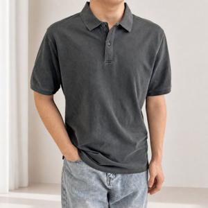 카키 남자 남성 면 데일리 반팔 스톤워싱 차콜 티셔츠 여름 피케티 베이직 카라티