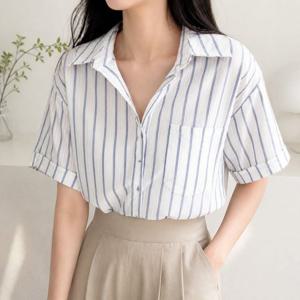 여름 블루 화이트 여자 오픈카라 스트라이프 줄무늬 포켓 여성 블라우스 반팔 셔츠