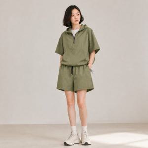 여성 베이지 여자 여름 반팔 스트링 후드 아노락 셋업 오버핏 투피스 카키 상하세트 아노락세트 커플 블랙