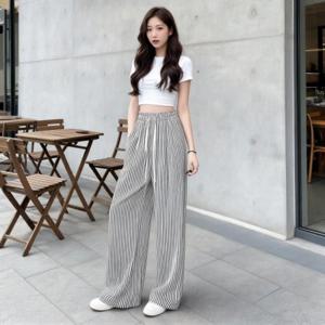 아사면 와이드 팬츠 스트라이프 밴딩 바지 여름 휴가룩 데일리룩