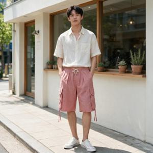 남자 린넨 반바지 와이드 버뮤다 카고 쇼츠 밴딩 여름 휴가룩 데일리룩