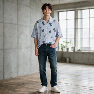 남성 반팔셔츠 루즈핏 오픈카라 여름셔츠 레터링패턴 데일리룩 휴가철 휴양지룩