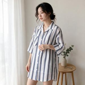 여성 린넨 롱셔츠 스트라이프 비치웨어 커버업 여름 휴가 바캉스룩 상의 네이비
