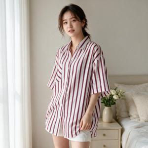 여성 세로줄 롱기장 루즈핏 여름셔츠 린넨 셔츠 남방 휴가룩 바캉스룩 데일리룩