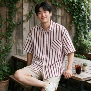 남성 반팔셔츠 오버핏 스트라이프 남방 여름 휴가 출근룩 와인네이비