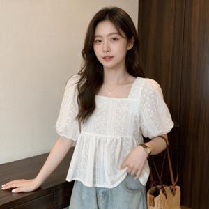 반팔 블라우스 프릴 백리본 퍼프 데일리 출근룩 하객룩 여름 휴가룩 상의