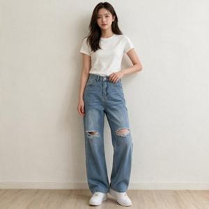 와이드 데님팬츠 찢청 통바지 루즈핏 청바지 데일리룩 사계절 면바지