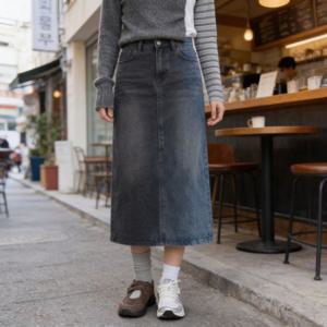 워싱 스판 데님 롱 스커트 뒷트임 데일리룩 하객룩 나들이룩 사계절 치마