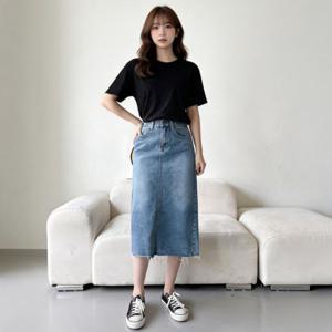 여성 미디 청치마 뒷밴딩 트이웰 컷팅 스커트 여름 가을 데일리 출근룩 하객룩