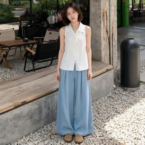 리본 카라 나시 블라우스 상의 하객룩 오피스룩 봄 여름 데이트룩