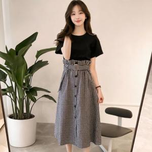 체크 롱 스커트 반팔 투피스 데일리 하객룩 오피스룩 여성의류 봄 여름 가을 셋업