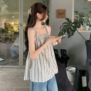 블라우스 민소매 스트라이프 플레어 A라인 나시 셔링 리본 여름