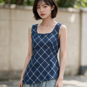 체크 블라우스 백오픈 여름 휴가 여행 나들이 파티룩 상의 블루