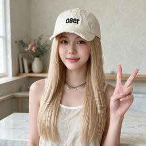 긴생머리 가발 캡모자형 야구모자 웨이브 붙임머리 커버 크림