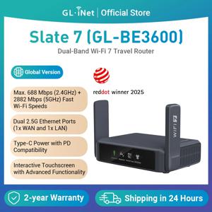 GL.iNet GL-BE3600( Slate 7) Wi-Fi 7 라우터, 듀얼 2.5G 포트, 터치 스크린, 3570Mbps 게임 핫스팟, 공용 및 호텔용 VPN